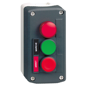 XALD361B Tamnosiva upr. kutija-zeleni udub./crveni udub. taster Ø22 i crvena signal.lamp