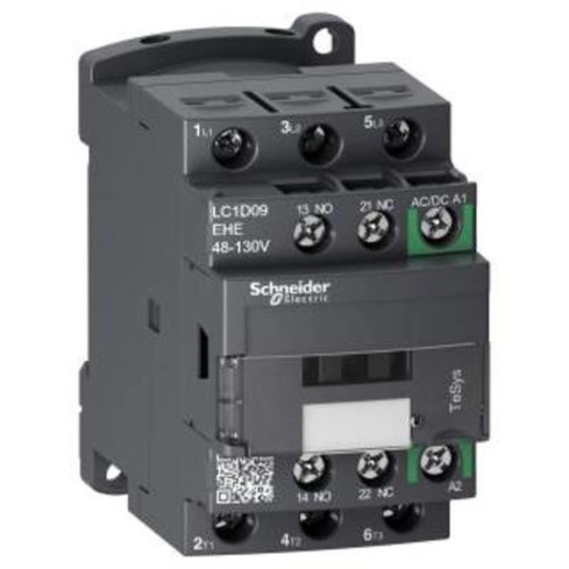  LC1D09EHE LC1D09EHE KONTAKTOR TeSys_D 3P 9A 48-130V AC/DC TeSys D kontaktor 3p 9A AC-3 do 440V kalem 48-130 V AC/DC. grupa proizvoda: TeSys - ime proizvoda: TeSys D Green - tip proizvoda ili komponente: kontaktor - primena kontaktora: upravljanje motorom, rezistivno opterećenje - raspored kontakata: 3 NO - [Ie] nazivna radna struja: 25 A (<= 60 Â°C) pri <= 440 V AC-1 za kolo napajanja, 9 A (<= 60 Â°C) pri <= 440 V AC-3 za kolo napajanja - snaga motora kW: 2.2 kW pri 220...230 V AC 50 Hz AC-3, 5.5 kW pri 500 V AC 50 Hz AC-3, 4 kW pri 415 V AC 50 Hz AC-3, 4 kW pri 440 V AC 50 Hz AC-3, 5.5 kW pri 660...690 V AC 50 Hz AC-3, 4 kW pri 380...400 V AC 50 Hz AC-3 - snaga motora hp: 2 hp pri 200/208 V AC 60 Hz za trofazne motori, 0.33 hp pri 115 V AC 60 Hz za monofazne motori, 1 hp pri 230/240 V AC 60 Hz za monofazne motori, 2 hp pri 230/240 V AC 60 Hz za trofazne motori, 5 hp pri 460/480 V AC 60 Hz za trofazne motori, 7.5 hp pri 575/600 V AC 60 Hz za trofazne motori - napon upravljačkog kola: 48...130 V DC, 48...130 V AC 50/60 Hz - tip kalema: AC/DC