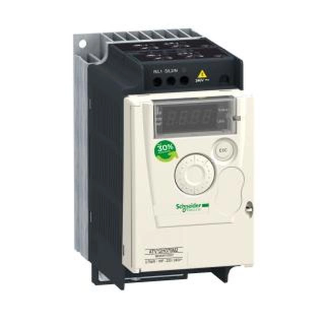  ATV12H055M2 ATV12H055M2 Frekventni regulator ATV12 - 0.55kW - 0.75hp - 200..240V - monof.-sa hladnjakom Osnovne informacije
Grupa proizvoda	
Altivar 12
Tip proizvoda ili komponente	
Frekventni regulator
Namena proizvoda	
Asinhroni motori
Specifične primene proizvoda	
Jednostavna mašina
Način spajanja	
Sa hladnjakom
Ime komponente	
ATV12
Količina po setu	
Set od 1
Emc filter	
Integrisani
Ugrađeni ventilator	
Bez
Broj faza mreže	
Monofazne
[us] nazivni napon napajanja	
200...240 V - 15...10 %
Snaga motora kw	
0,55 kW
Snaga motora hp	
0.75 hp
Protokol komunikacionog porta	
Modbus
Linijska struja	
8 A pri 200 V
6,7 A pri 240 V
Opseg brzina	
1…20
Prelazni nadmoment	
150…170 % nazivnog momenta u zavisnosti od veličine regulatora i motora
Profil upravljanja asinhronim motorom	
U/f upravljanje
Kvadratno U/f upravljanje
Fluks vektorska kontrola bez senzora
Ip stepen zaštite	
IP20 without blanking plate on upper part
Nivo buke	
0 dB