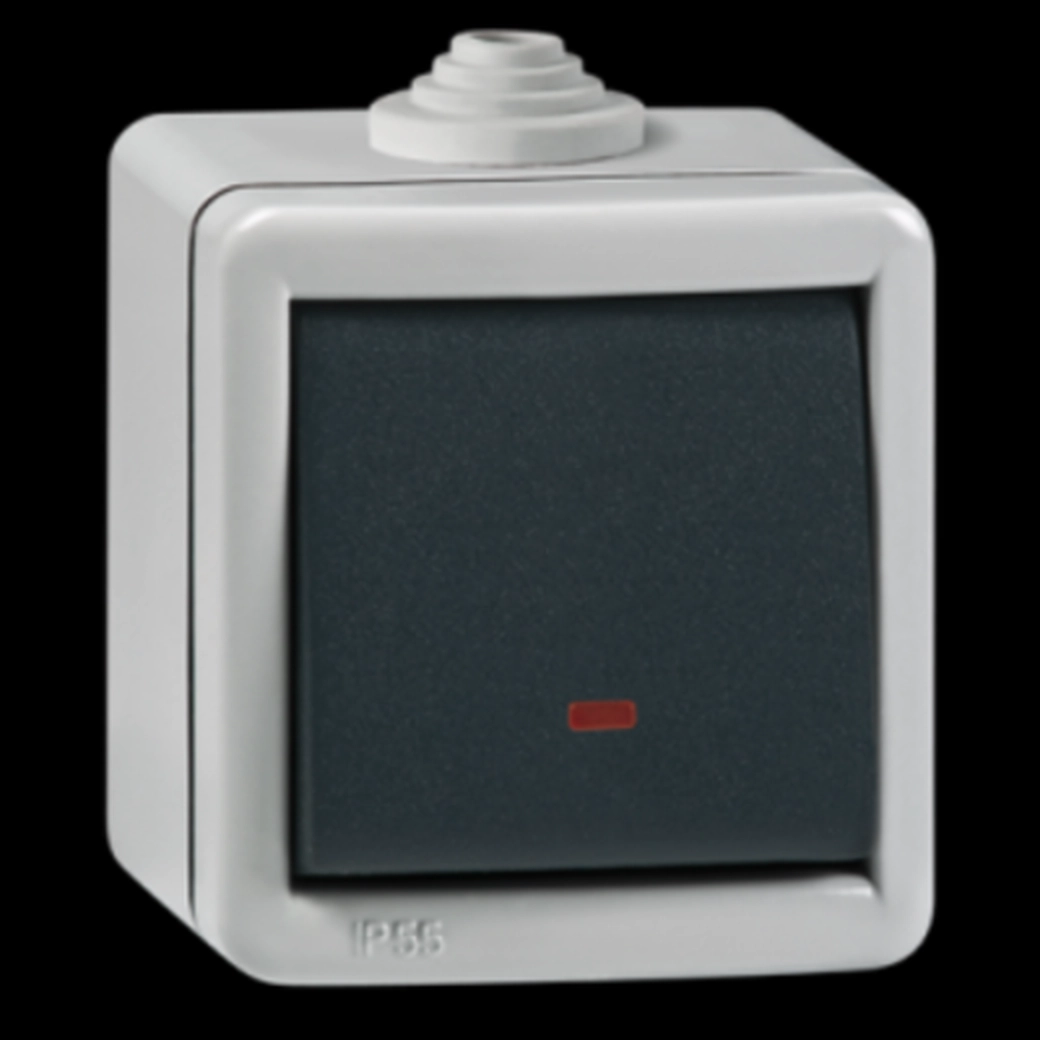  289.1A 289.1A Sklopka jednopolna sa indikacijom, 16A Sklopka jednopolna sa indikacijom
Indikacija svetli kada je sklopka isključena, crveno indikacisko svetlo
Ugradnja na zid pomoću vijaka prečnika do 4mm
Nominalni struja/napon: 16A / 250V~
Dimenzije (d, v, š): 65mm x 70mm x 56mm
Stepen zaštite: IP 55
Standard: IEC 60669-1, IEC 60529