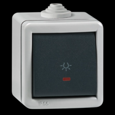  285I.1A 285I.1A Taster sklopka za svetlo sa indikacijom, 10A Taster sklopka za svetlo sa indikacijom
Indikacija svetli kada je sklopka isključena, crveno indikacijsko svetlo
Ugradnja na zid pomoću vijaka prečnika do 4mm
Nominalni struja/napon: 10A / 250V~
Dimenzije (d, v, š): 65mm x 70mm x 56mm
Stepen zaštite: IP 55
Standard: IEC 60669-1, IEC 60529