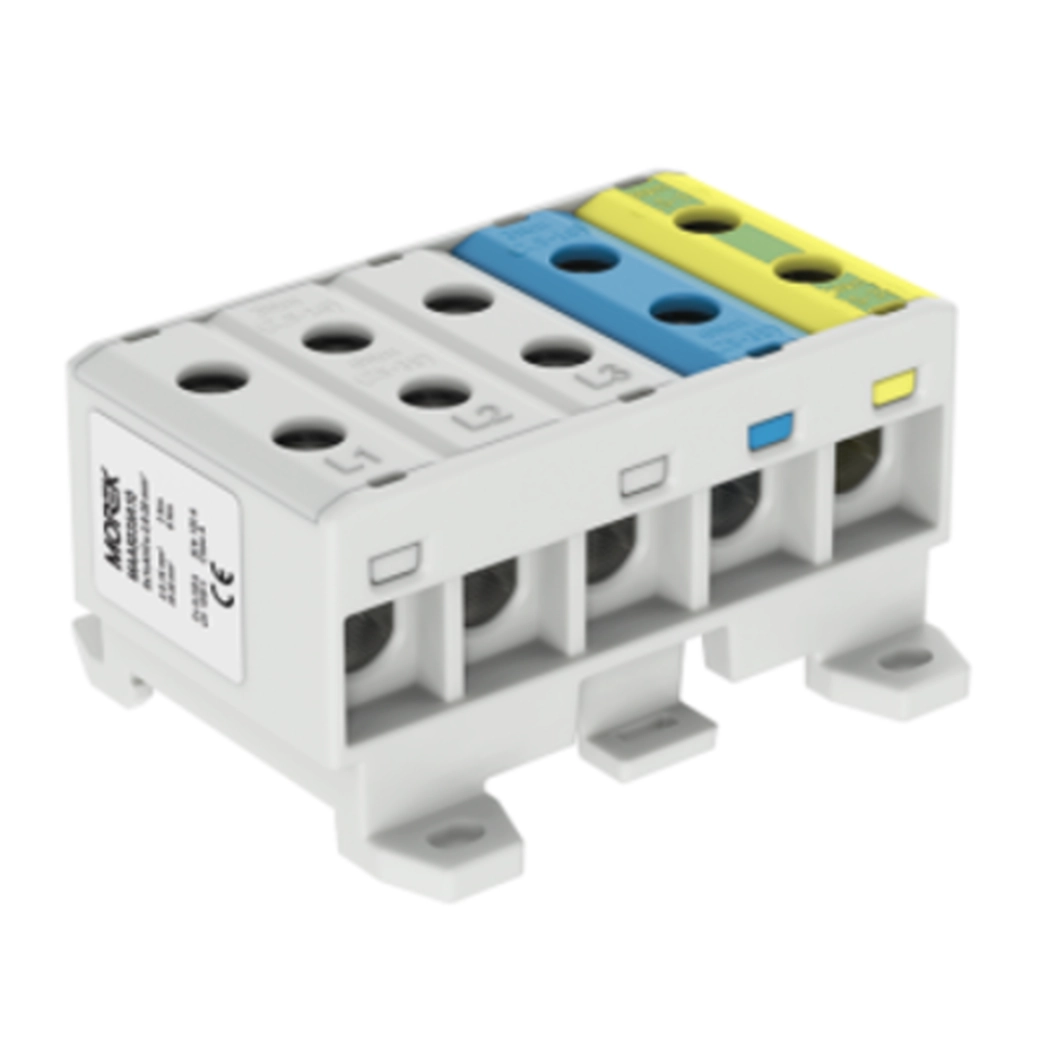  MAA5035A10 MAA5035A10 OTL35-5x siva 5x1xAl/Cu 2,5-35mm2 1000V stezaljka univerzalna tropolna Universal OTL terminals are designed for copper and aluminum conductors. The terminals are suitable for all types of Cu or Al conductors with a cross-section of up to 300 mm² in applications up to 1000 V AC / 1500 V DC. Their use is very practical in places where copper and aluminum conductors are connected. Copper conductors can be placed in OTL terminals in multiple pieces according to the respective terminal type. Mounting is possible on a standard DIN rail or on a flat, solid surface. The terminals are available in gray, blue, yellow-green, red or black. The electrical part is made of tinned aluminum and the insulating part is made of polyamide PA66 (flammability class V-0 according to UL 94). The clamping part in the shape of a profile is specially milled to prevent the conductor from being pulled out. The clamping screws are made of tinned aluminum and their contact part is coated with contact paste. A hex socket wrench is required to tighten the clamping screw. The operating temperature is between -25 °C and +80 °C. The protection class of the OTL terminals is IP 20. These terminals are certified according to EN 60947-7-1:2009 and EN 61238-1:2003 and meet the requirements of class A.