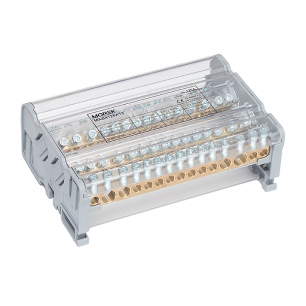  MAB4126A18 MAB4126A18 Distributivni blok Moblock 4P 125A-15 Moblock razvodni blokovi se nude u dvopolnoj (do 35mm2 i 125A) i četvoropolnoj (do 50mm2 i 160A) varijanti.Terminali su postavljeni u izolovano kućište i pokriveni providnim plastičnim poklopcem, koji se lako skida.Terminali su takođe pokriveni plastičnim poklopcem sa donje strane i između svake sabirnice se nalazi izolacija.Postavljanje je moguće na DIN šinu ili direktno na ploču pomoću zavrtnja.Provodni deo je napravljen od mesinga, a kontaktni zavrtnji od pocinkovanog čelika. Za jednostavnije i lakše povezivanje ulaz od 160A je na sabirnici razdvojen od izlaza. Masivni 50mm2 završetak sabirnice ne ograničava strujni kapacitet bloka i postavljen je u ojačano plastično kućište.