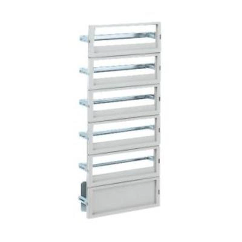  NSYDLP57G NSYDLP57G DLP modularni ram 57 modula (18mm) izolacioni materijal za PLA V750xŠ500 Tip proizvoda ili komponente	
Šasija
Kratko ime uređaja	
DLP
For enclosure nominal dimensions	
-
Lokacija za montiranje	
Prednja strana ormana
Kompatibilnost grupe proizvoda	
Thalassa PLA
Thalassa PHD
Sastav uređaja	
1 konstrukcija šasije
1 sabirnica nule/uzemljenja 2 x 16 mm² 5 x 6 mm²
3 prednji paneli sa 35 mm DIN šinom
1 ravan prednji panel
Dodatne informacije	
IP2x nije validno kada se šasija ugrađuje na 67 mm
Dopunske informacije
Materijal	
Prednji panel: samogasivi
Konstrukcija šasije i šine: galvanizovani čelik
Boja	
Prednji panel: siva (RAL 7035)
Način fiksiranja	
Sa elementom za fiksiranje - napred sa nosačima lokacija
Podešavanje	
U visinu od 40 do 85 mm za DIN šinu
Broj horizontalnih redova	
3
Ukupan broj 18 mm modula	
57
Tip prednje ploče	
Puna i ploče sa otvorima
Broj otvora	
3 izreza
Visina	
750 mm
Širina	
500 mm