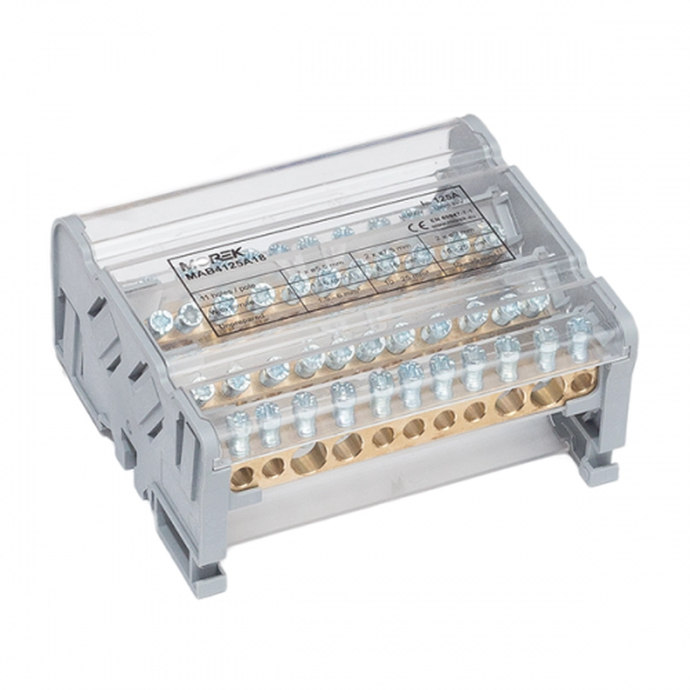  MAB4125A18 MAB4125A18 Distributivni blok Moblock 4P 125A-11 Moblock razvodni blokovi se nude u dvopolnoj (do 35mm2 i 125A) i četvoropolnoj (do 50mm2 i 160A) varijanti.Terminali su postavljeni u izolovano kućište i pokriveni providnim plastičnim poklopcem, koji se lako skida.Terminali su takođe pokriveni plastičnim poklopcem sa donje strane i između svake sabirnice se nalazi izolacija.Postavljanje je moguće na DIN šinu ili direktno na ploču pomoću zavrtnja.Provodni deo je napravljen od mesinga, a kontaktni zavrtnji od pocinkovanog čelika. Za jednostavnije i lakše povezivanje ulaz od 160A je na sabirnici razdvojen od izlaza. Masivni 50mm2 završetak sabirnice ne ograničava strujni kapacitet bloka i postavljen je u ojačano plastično kućište.