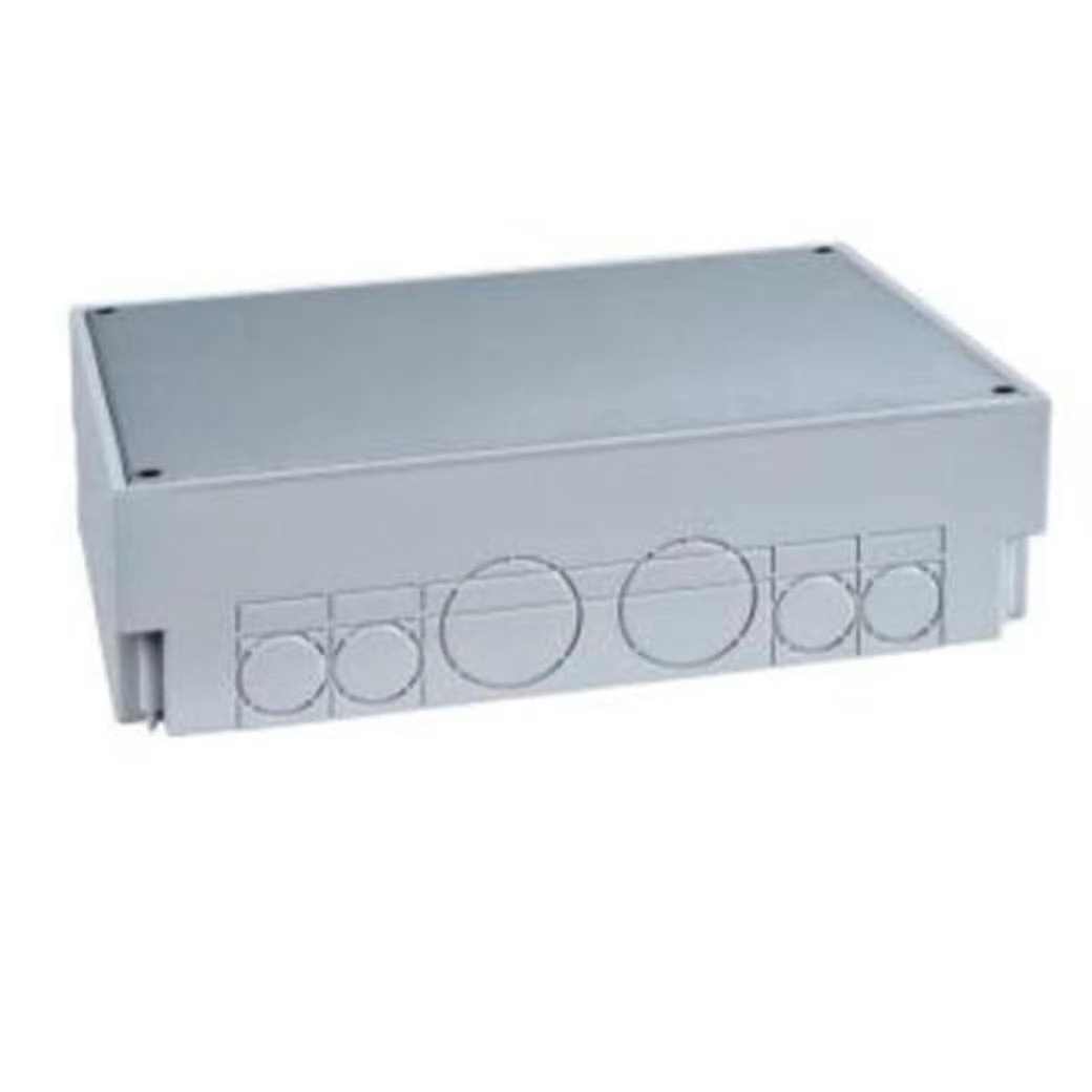  ISM50330 ISM50330 OptiLine 45 - podna kutija za ugradnju u beton - bez modula Kablovski instalacioni sistem	
Podne kutije
product type	
Čelične podne kutije
Tip poda	
Betonski pod
Oblik podne kutije	
Pravougaona
colour	
Light grey
quantity package 1 / unit	
1 deo
Dopunske informacije
Način pričvršćivanja	
Zabetonirano
Broj modula	
Bez modula
product material	
PP (polipropilen)
Dužina	
222 mm
Visina	
75…95 mm
Širina	
183 mm